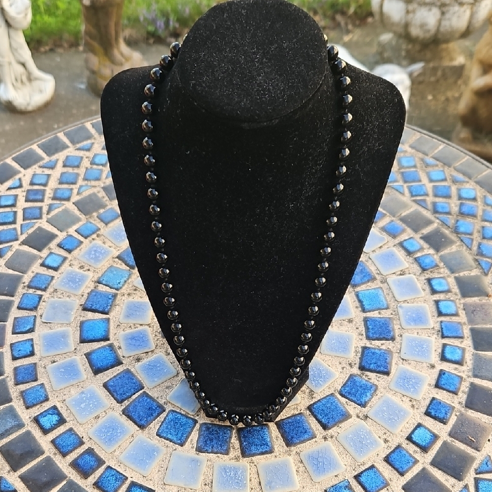 Vintage Monet Black Glass Hand Knotted Beaded Necklace